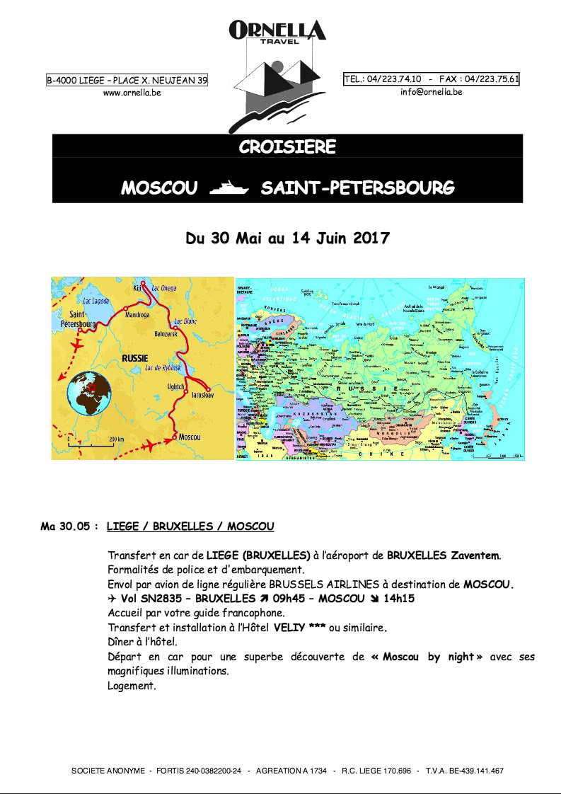 Annonce. Ornella Travel. Croisière Moscou - Saint-Petersbourg. 2017-05-30